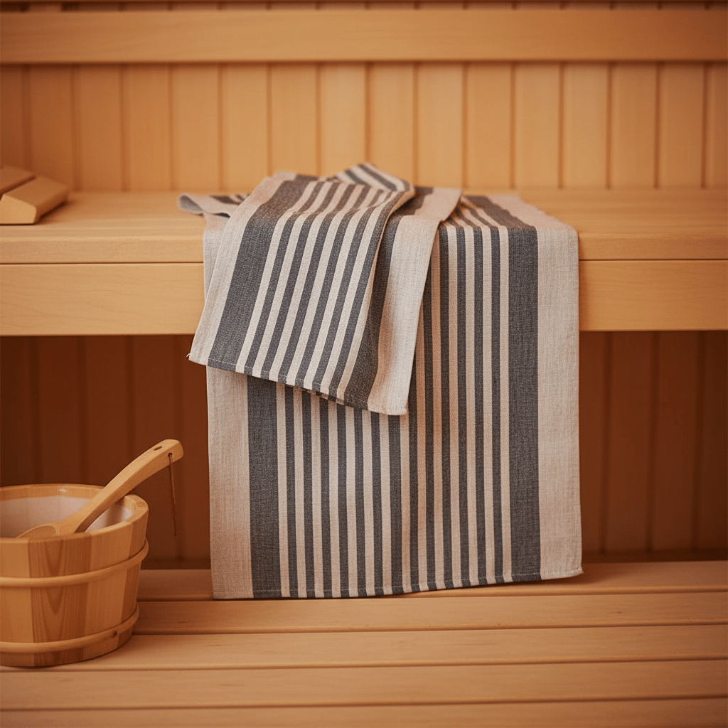 Keltaraidallinen laudeliina lauteilla