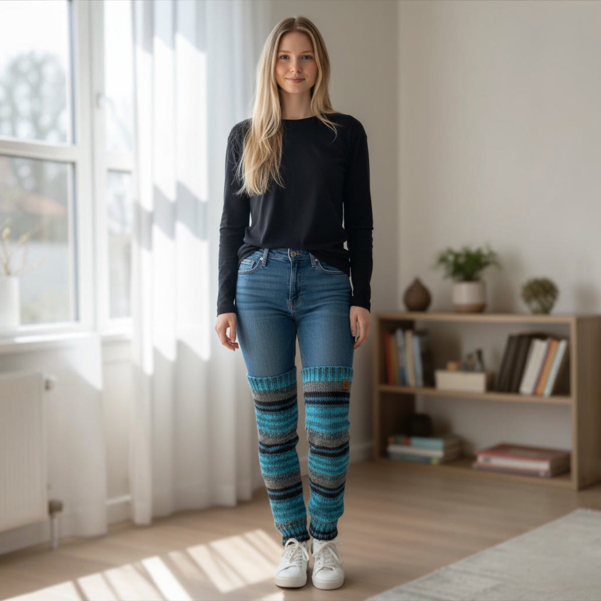 Pitkät säärystimet Siniraita -Lahja ja Sisustus Juuttisäkki